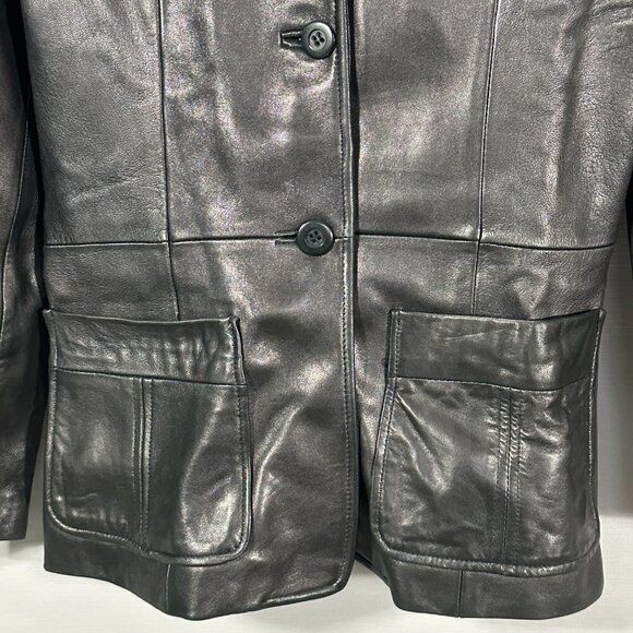 Kenneth Cole Jacket Womens Medium Black Leather Button Up Patch Pockets Lined - Picture 3 of 8
